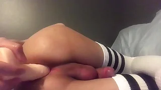 Chicken femboy old bag plays with dildo